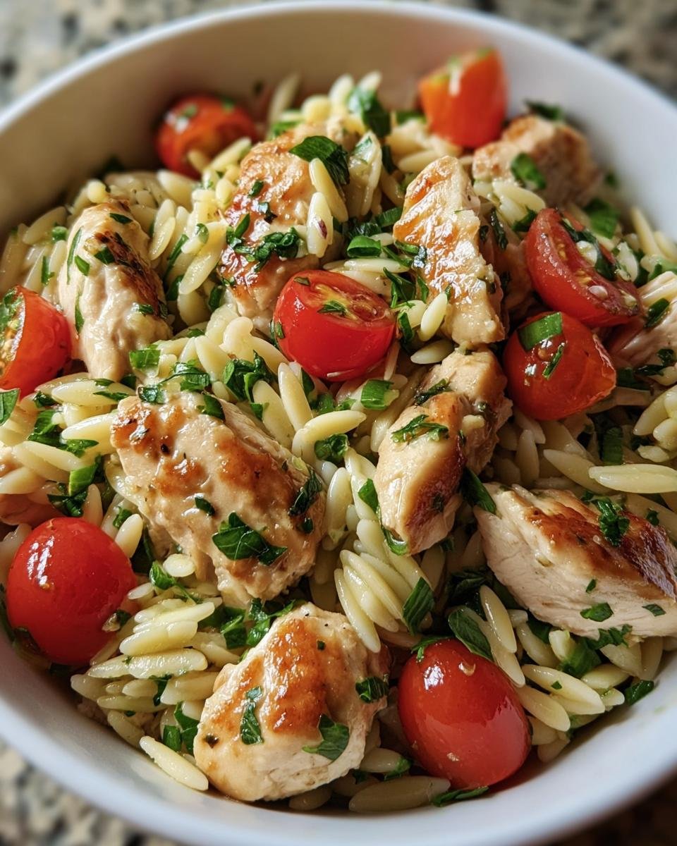 Bowl of Protein Chicken Orzo with grilled chicken, orzo pasta, cherry tomatoes, and fresh herbs.