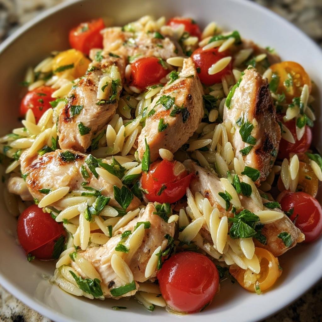 Close-up of Protein Chicken Orzo salad with grilled chicken, orzo pasta, cherry tomatoes, and fresh herbs.