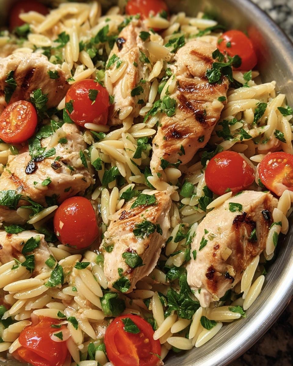 Overhead view of Protein Chicken Orzo with grilled chicken, orzo pasta, tomatoes, and fresh parsley.