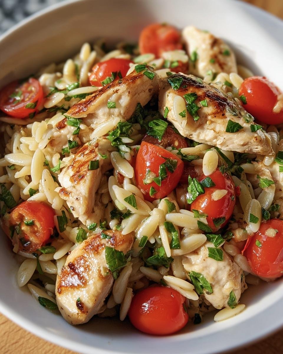 Bowl of Protein Chicken Orzo featuring grilled chicken, orzo pasta, cherry tomatoes, and fresh herbs.