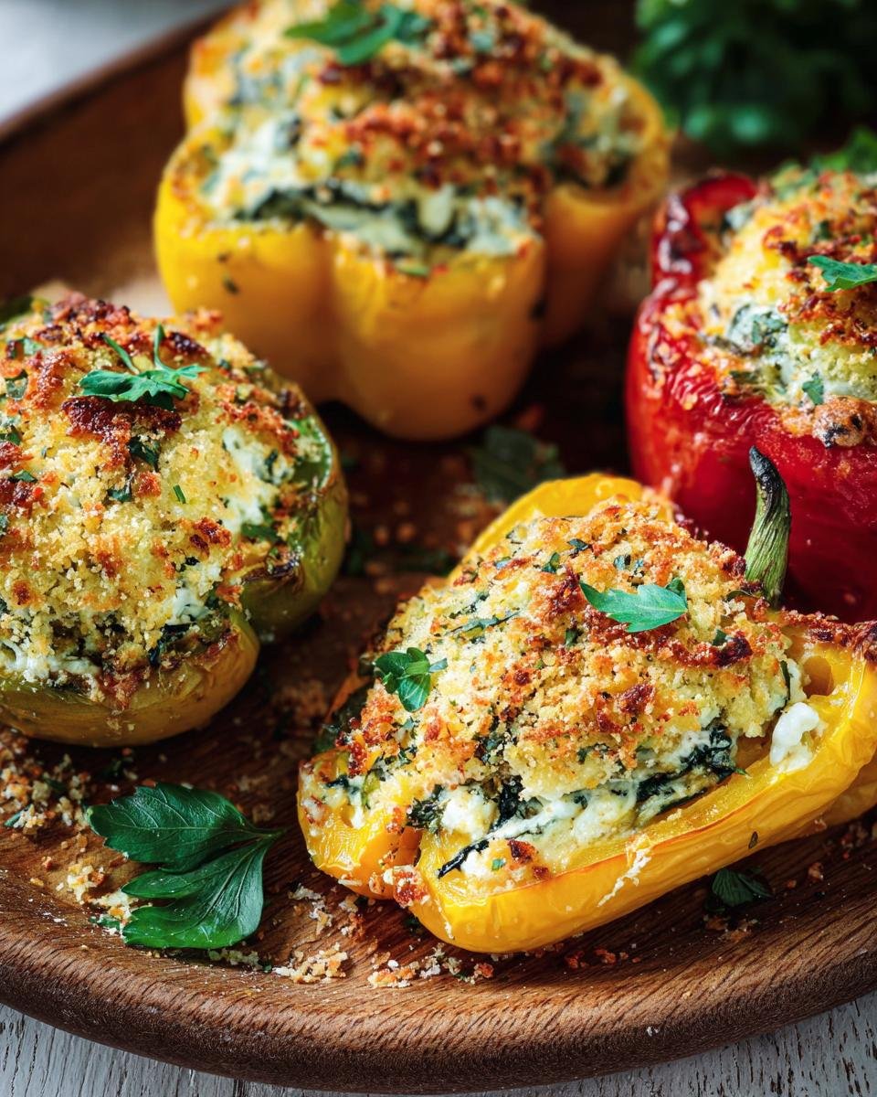 Colorful Ricotta Stuffed Peppers on a wooden board, topped with golden breadcrumbs and herbs.