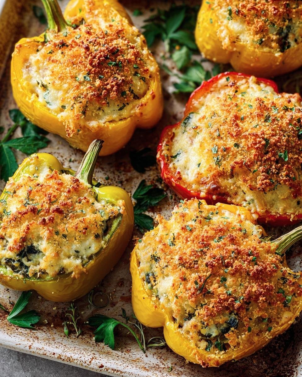 Overhead view of colorful Ricotta Stuffed Peppers, baked and topped with breadcrumbs and herbs.