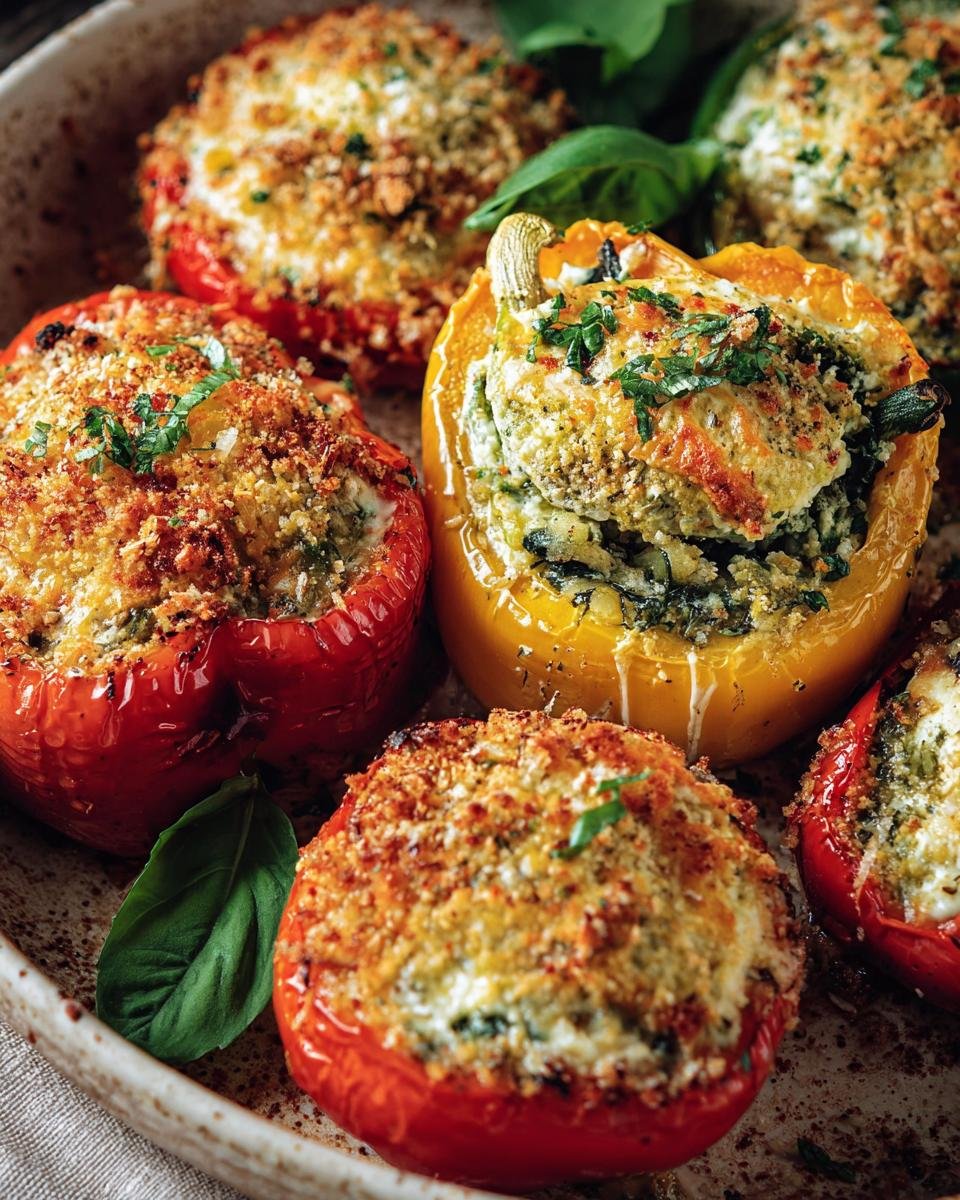 Overhead shot of colorful Ricotta Stuffed Peppers with breadcrumb topping and basil garnish on a plate.