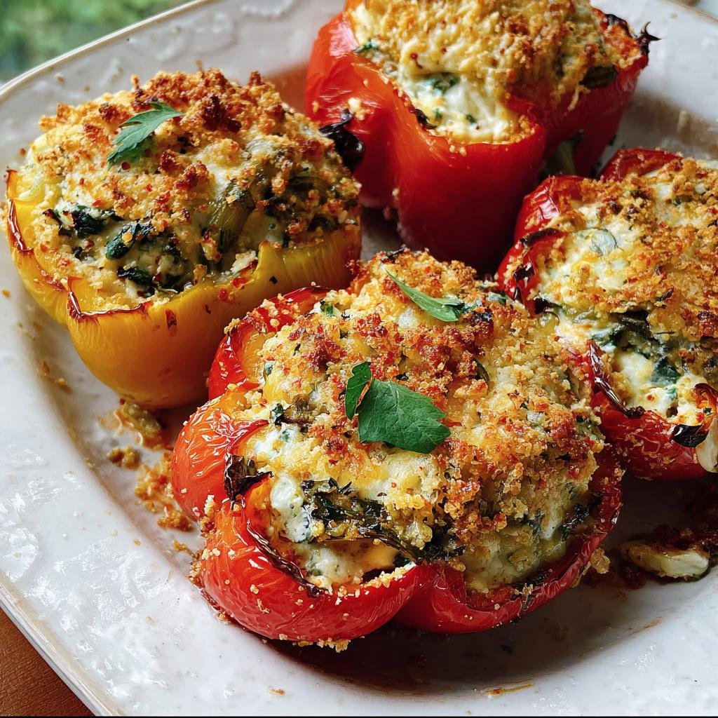 Four Ricotta Stuffed Peppers, red and yellow, with a golden brown, crispy topping and fresh herbs on a white plate.