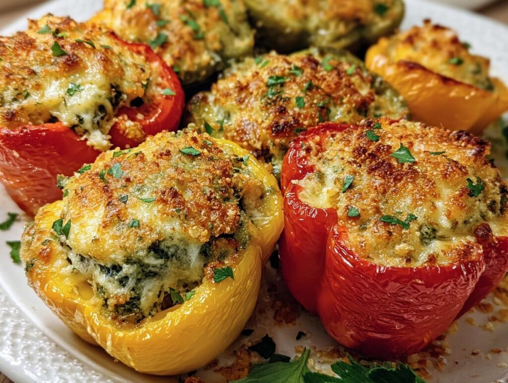 Colorful Ricotta Stuffed Peppers Recipe on a white plate, garnished with parsley.