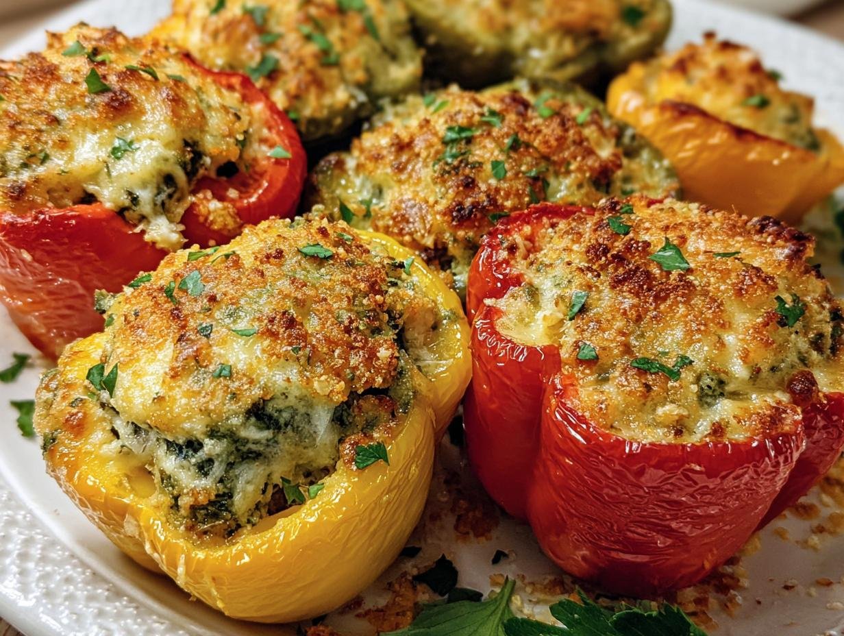 Colorful Ricotta Stuffed Peppers Recipe on a white plate, garnished with parsley.