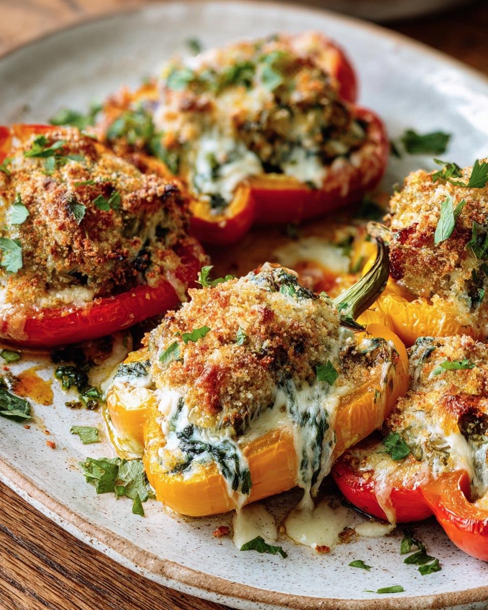 A plate of colorful Ricotta Stuffed Peppers, topped with breadcrumbs and herbs.