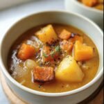 Close-up of a bowl of Roasted Winter Vegetable Soup with potatoes, carrots, and herbs.