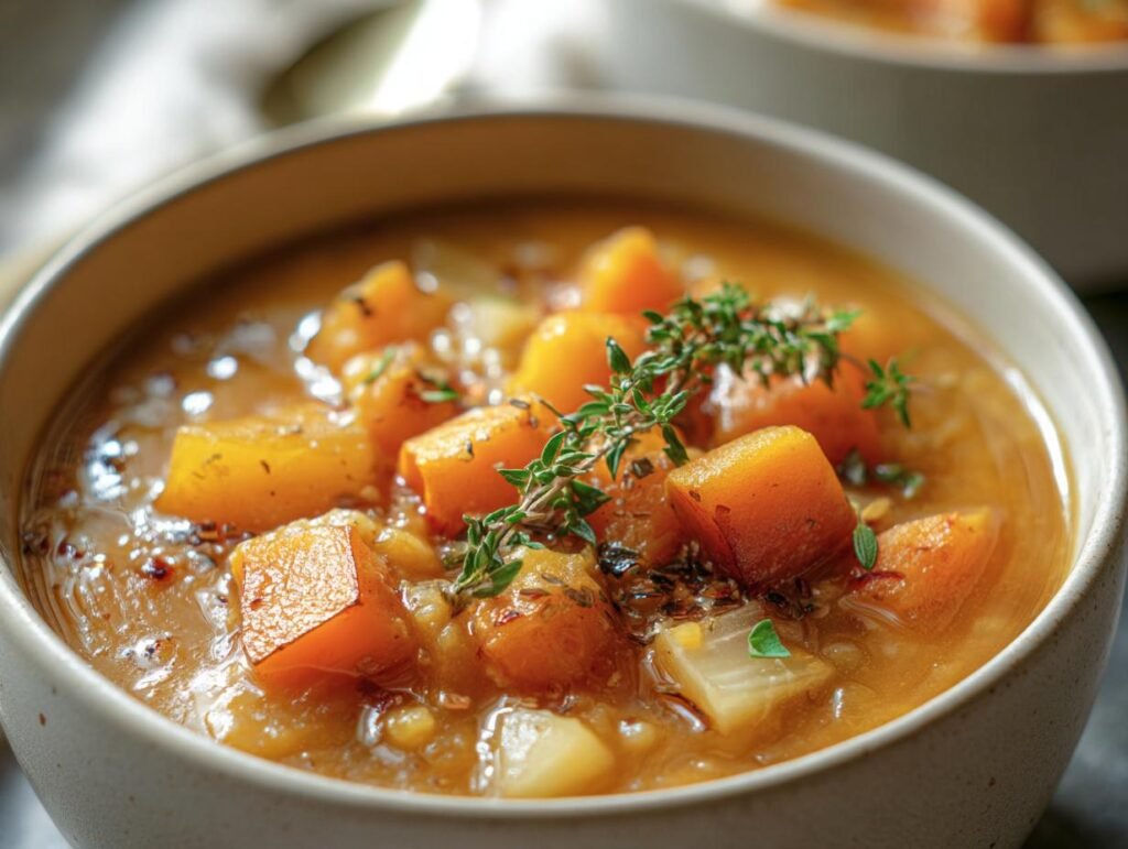 Close-up of a bowl of Roasted Winter Vegetable Soup, garnished with fresh herbs.