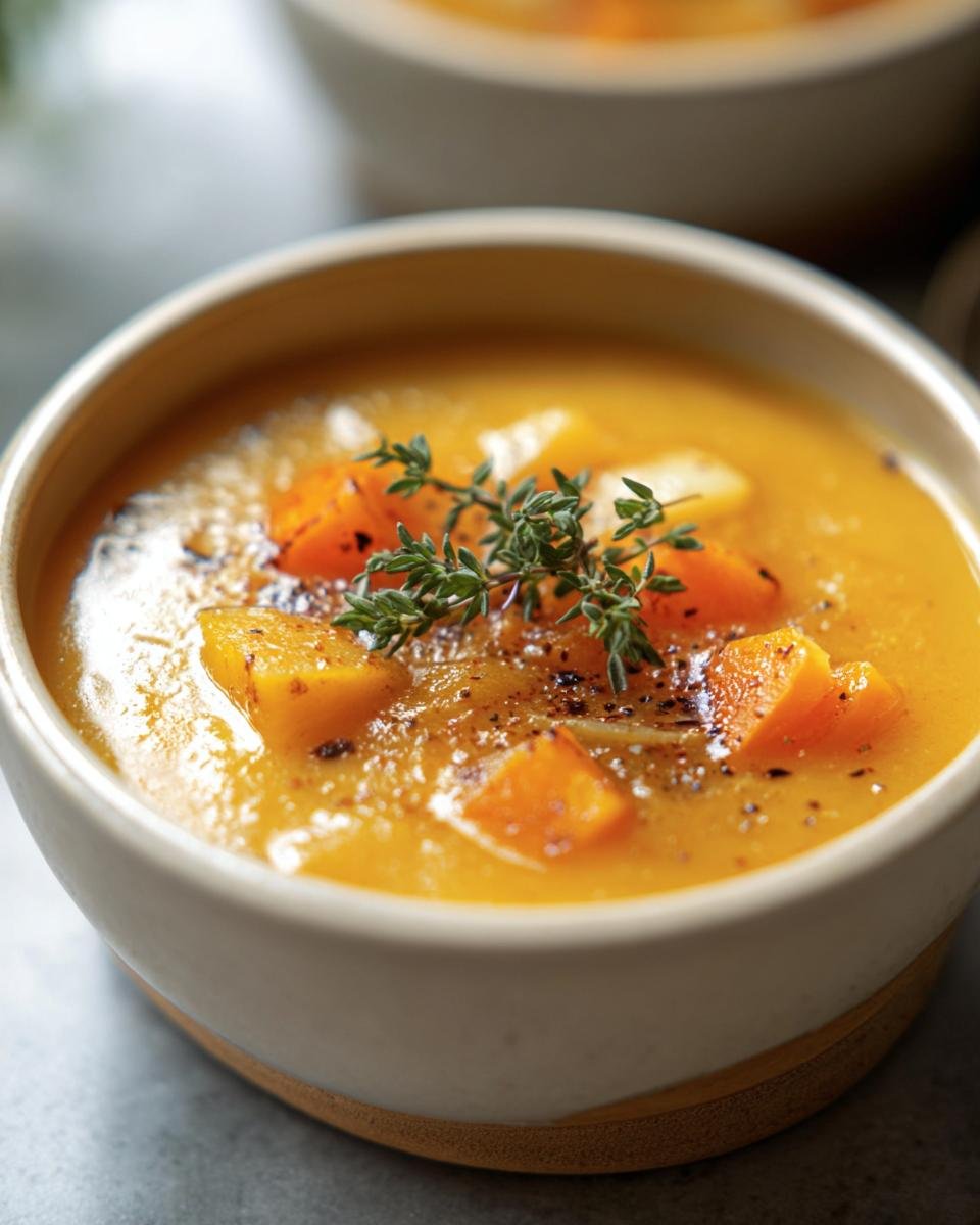 Close-up of a bowl of Roasted Winter Vegetable Soup, garnished with thyme and pepper.