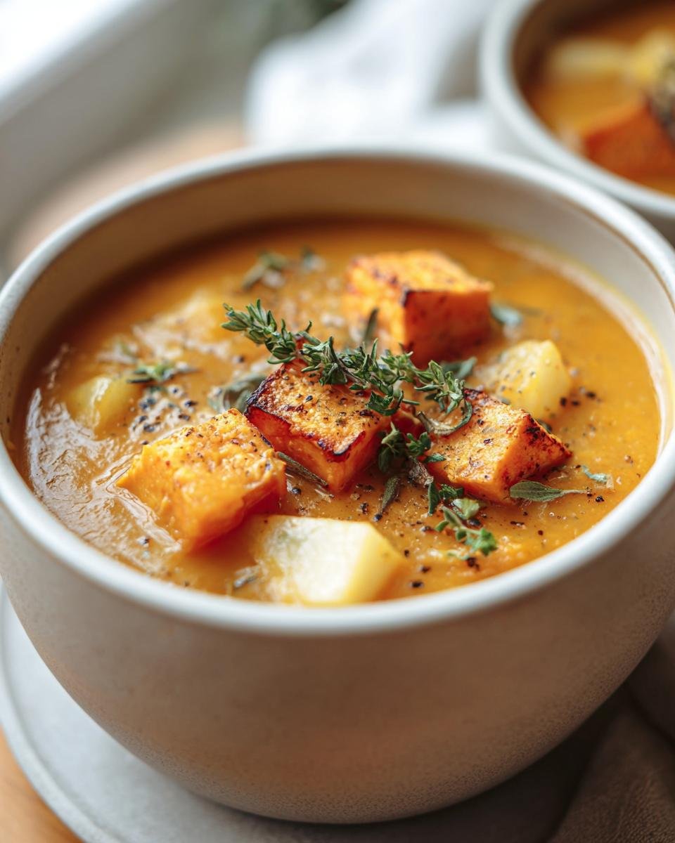 Close-up of a bowl of Roasted Winter Vegetable Soup, garnished with herbs and roasted vegetable pieces.