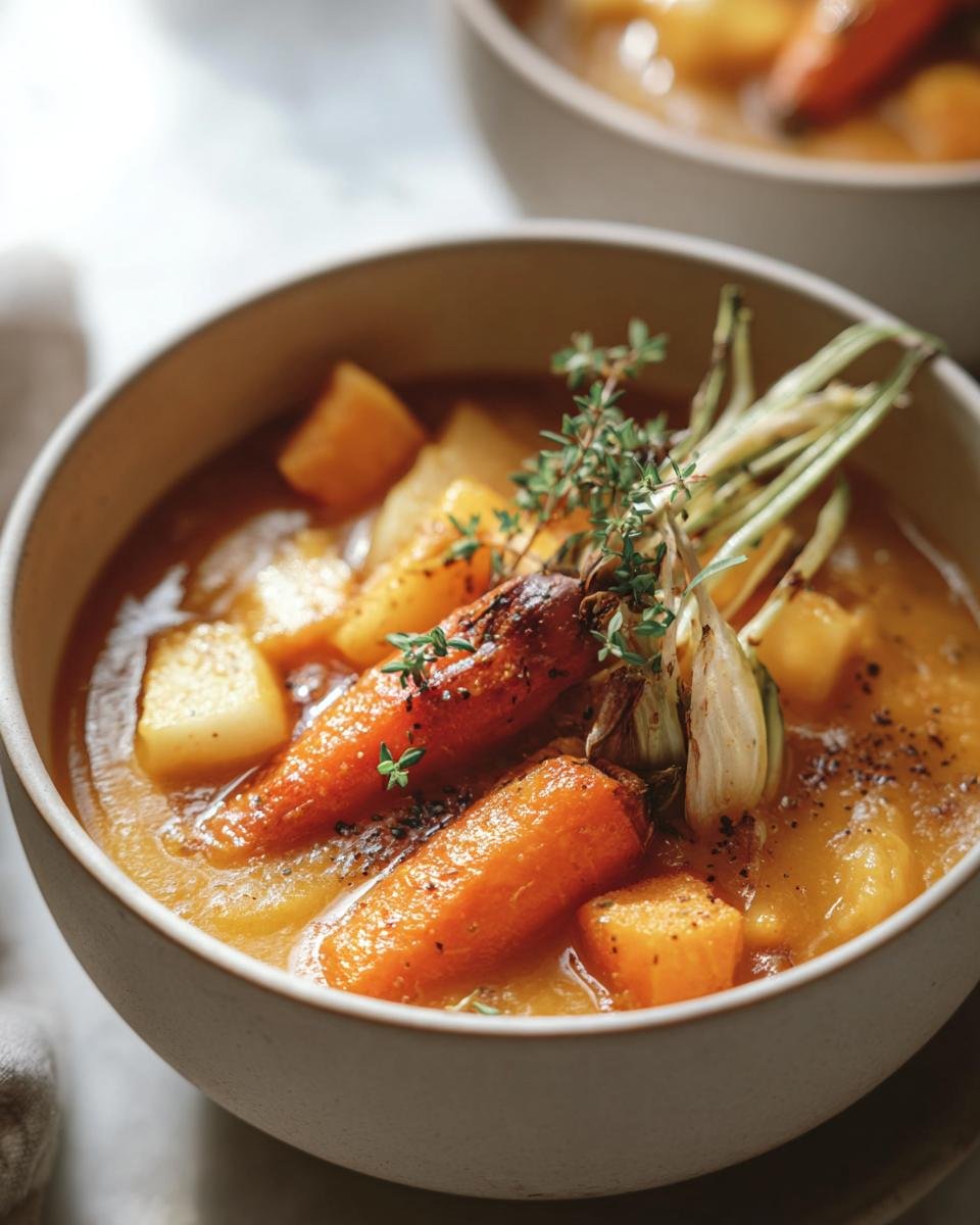Close-up of a bowl of Roasted Winter Vegetable Soup, garnished with roasted carrots, herbs and garlic.