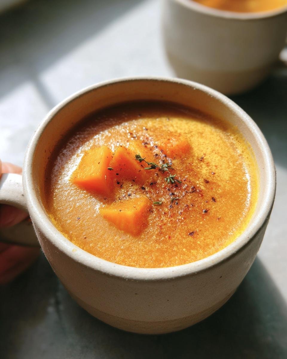 Close-up of a mug filled with Roasted Winter Vegetable Soup, garnished with squash cubes and herbs.