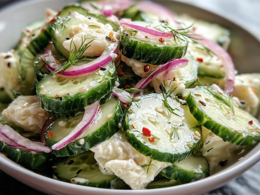 Close-up of Roll Cucumber Salad with sliced cucumbers, red onion, dill, and a creamy dressing.