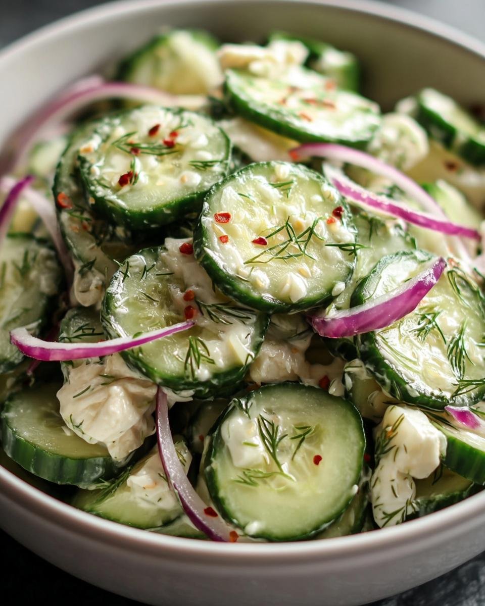Close-up of a bowl of Roll Cucumber Salad with sliced cucumbers, red onions, dill, and creamy dressing.