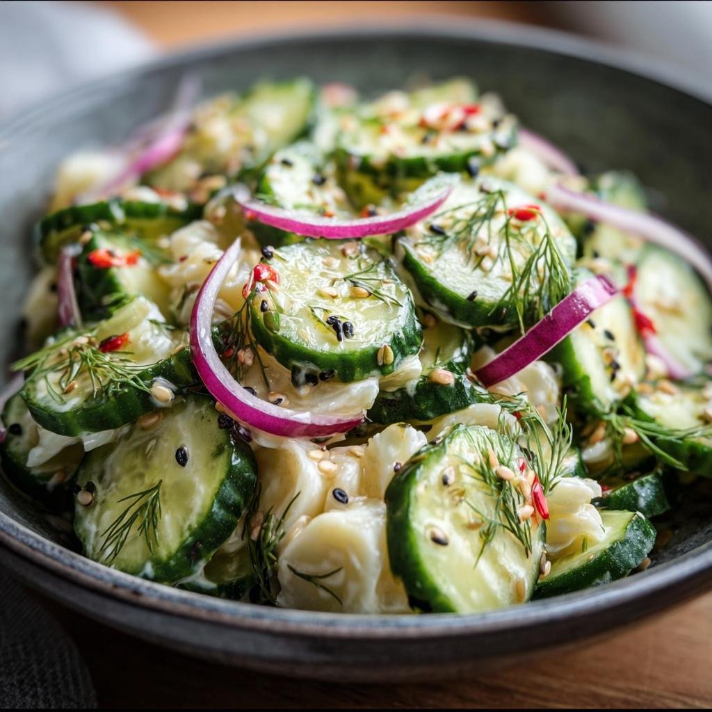 Close-up of Roll Cucumber Salad in a bowl, garnished with red onions, dill, and sesame seeds.