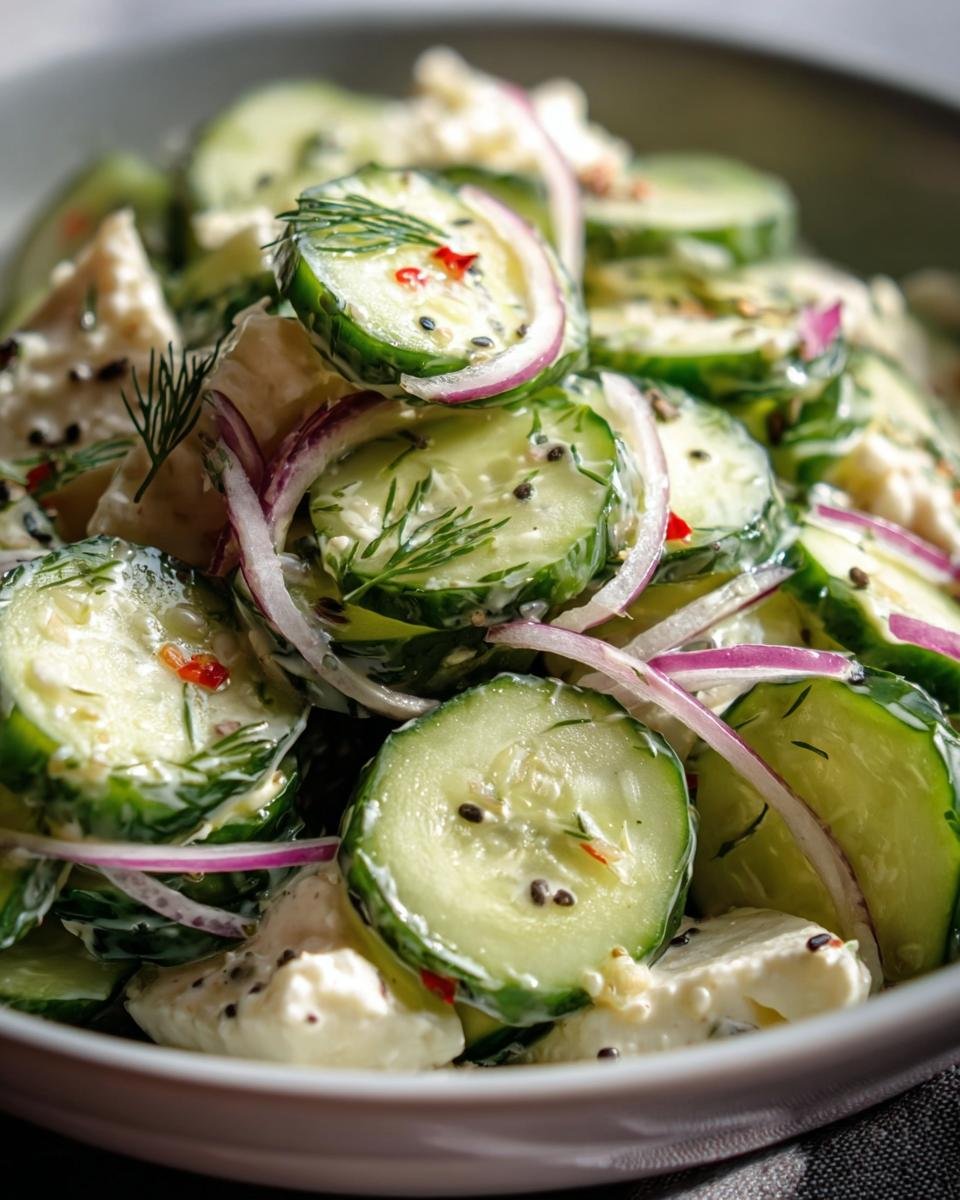 Close-up of Roll Cucumber Salad with sliced cucumbers, red onions, dill, and creamy dressing.