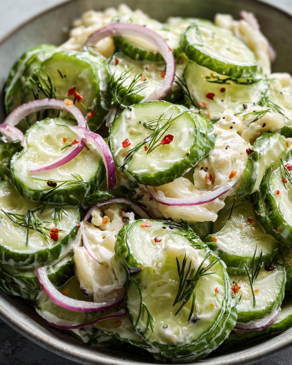Close-up of Roll Cucumber Salad featuring sliced cucumbers, red onion, creamy dressing, and fresh dill.