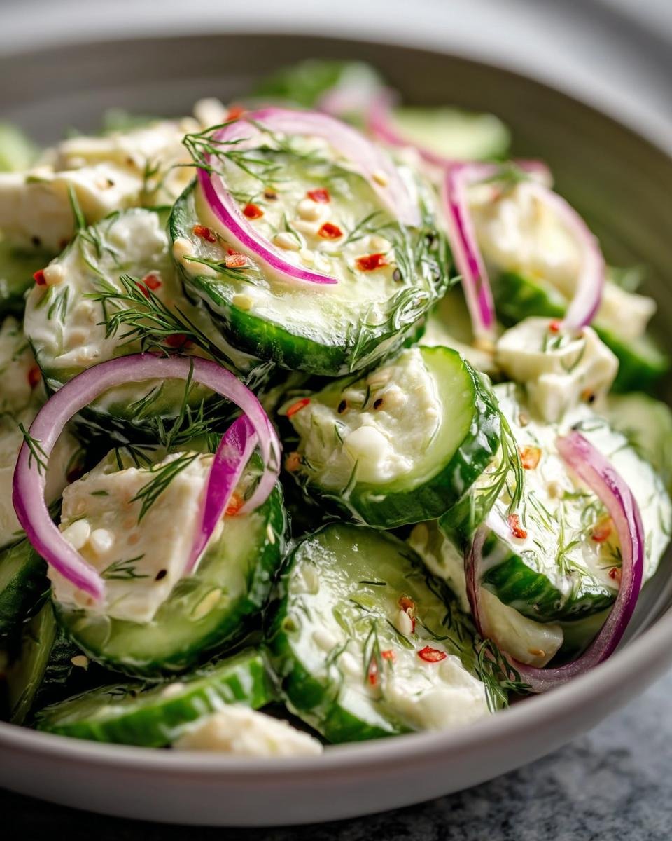Close-up of Roll Cucumber Salad with creamy dressing, dill, and red onion rings in a bowl.