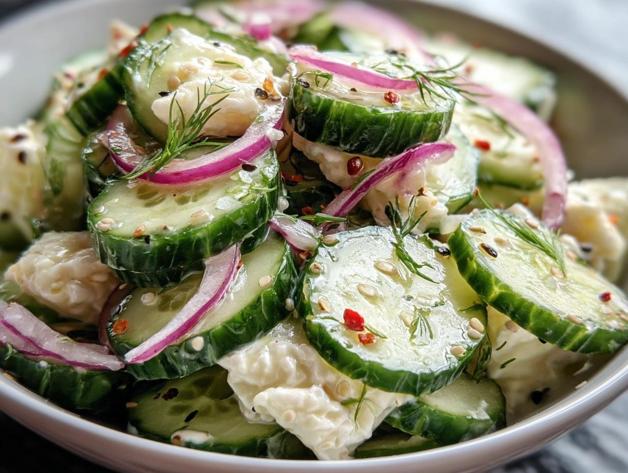 Close-up of Roll Cucumber Salad with sliced cucumbers, red onion, dill, and a creamy dressing.