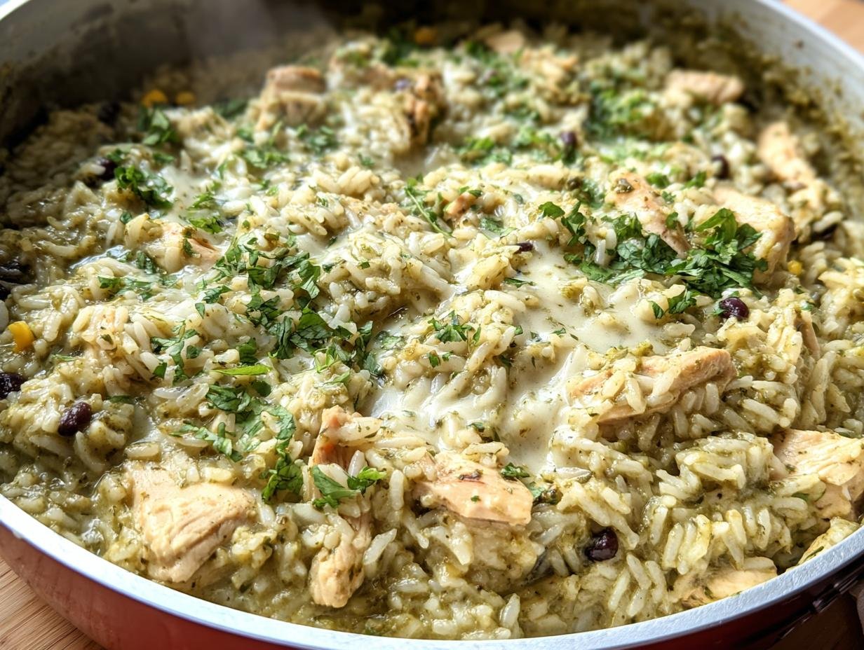 Close-up of Salsa Verde Chicken & Rice in a pot, garnished with cilantro and melted cheese.