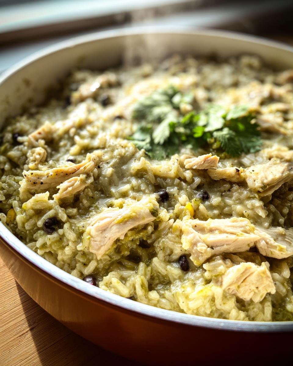 Close-up of Salsa Verde Chicken & Rice in a pot, garnished with cilantro. Steaming hot and ready to serve.