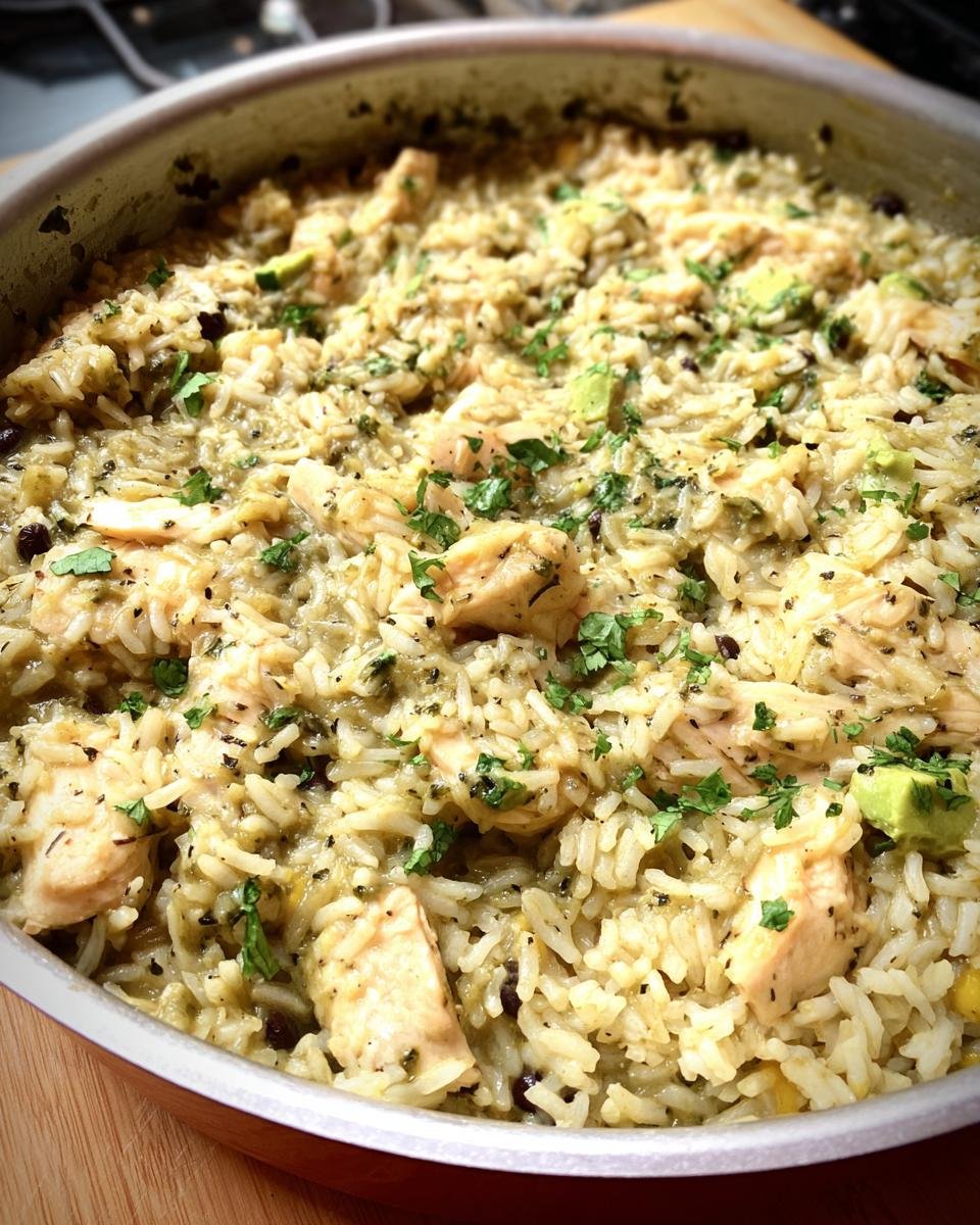 A close-up of Salsa Verde Chicken & Rice in a pot, featuring chicken, rice, avocado, and salsa verde.