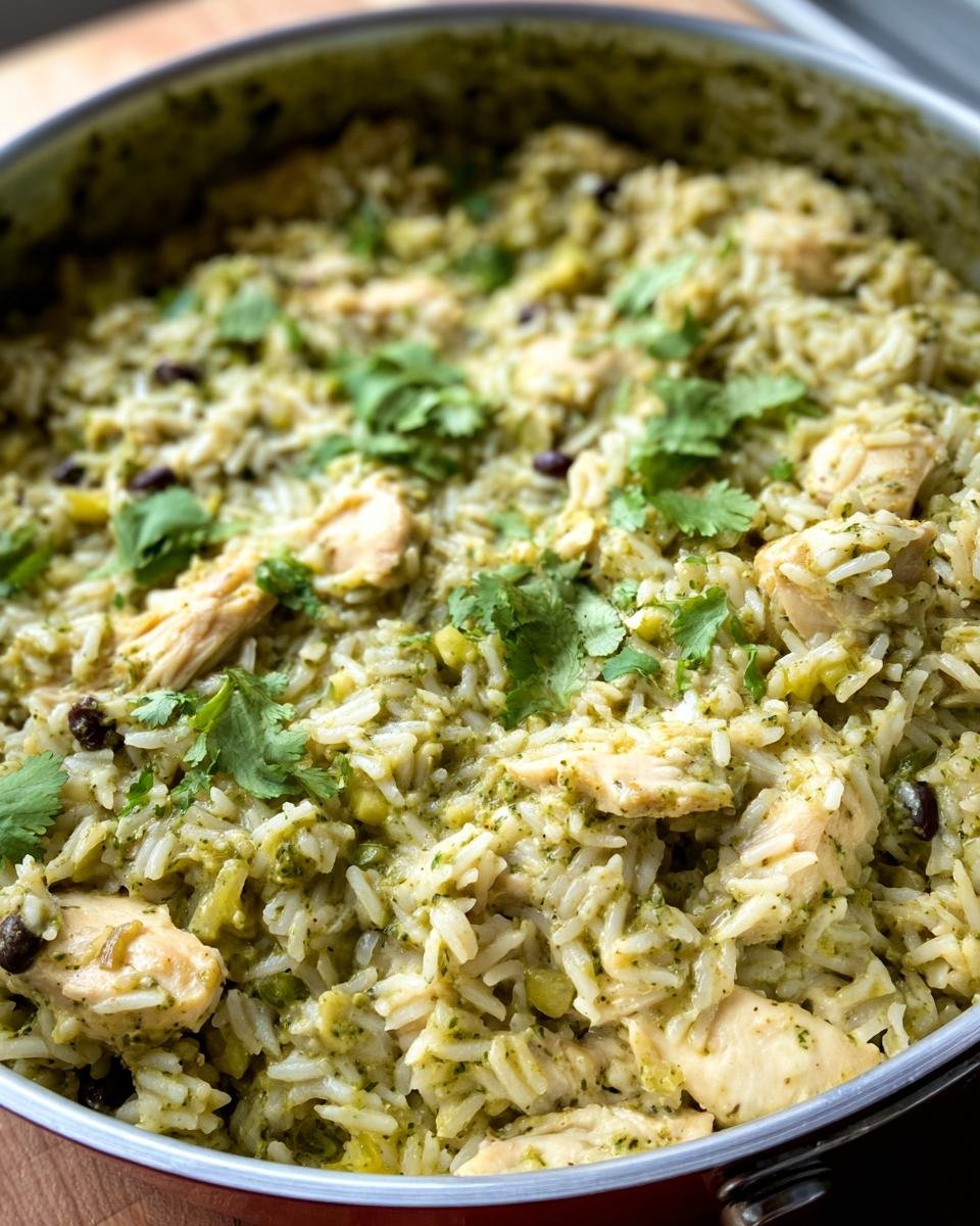 Close-up of Salsa Verde Chicken & Rice in a pot, garnished with cilantro.