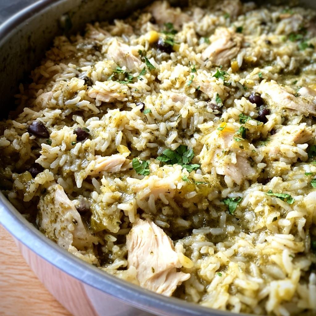 Close-up of Salsa Verde Chicken & Rice in a pot, garnished with fresh cilantro.