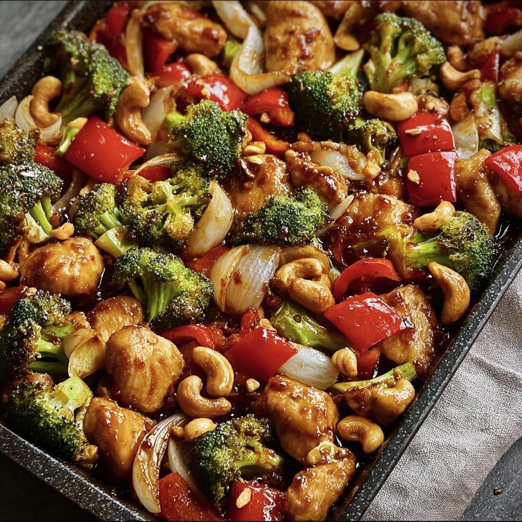 A sheet pan filled with Sheet Pan Cashew Chicken, broccoli, red peppers, and onions, topped with cashews.