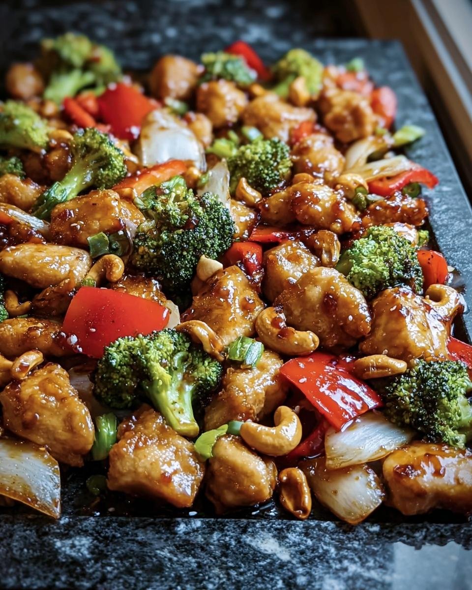 A close-up of Sheet Pan Cashew Chicken featuring chicken, cashews, broccoli, and red peppers.