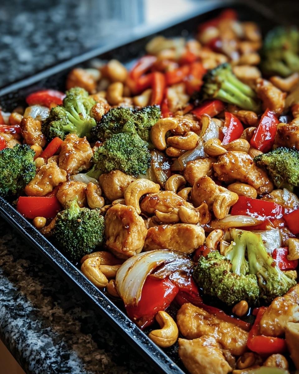 A sheet pan filled with Sheet Pan Cashew Chicken, featuring chicken, cashews, broccoli, red peppers, and onions.