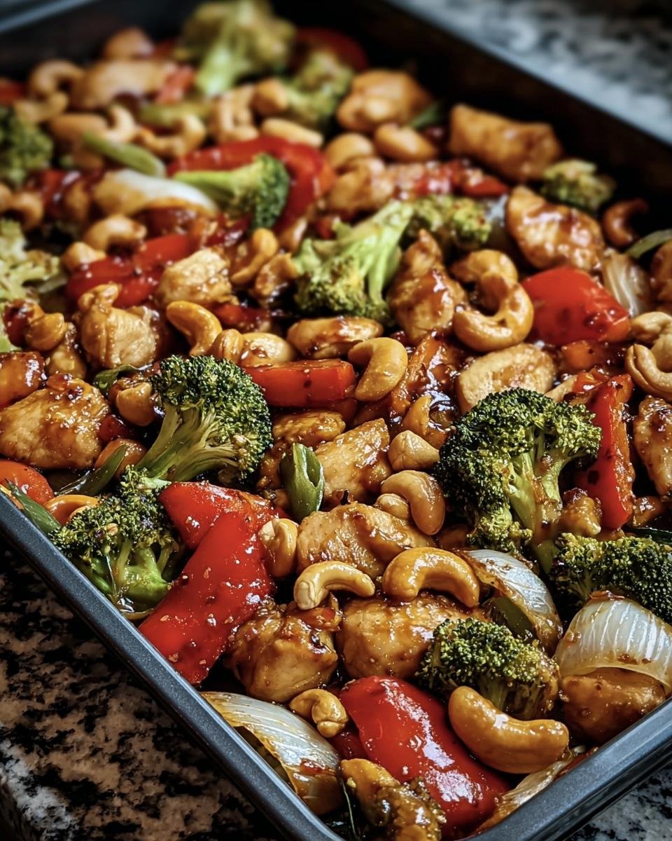 Overhead shot of Sheet Pan Cashew Chicken with broccoli, red peppers, onions, and cashews.
