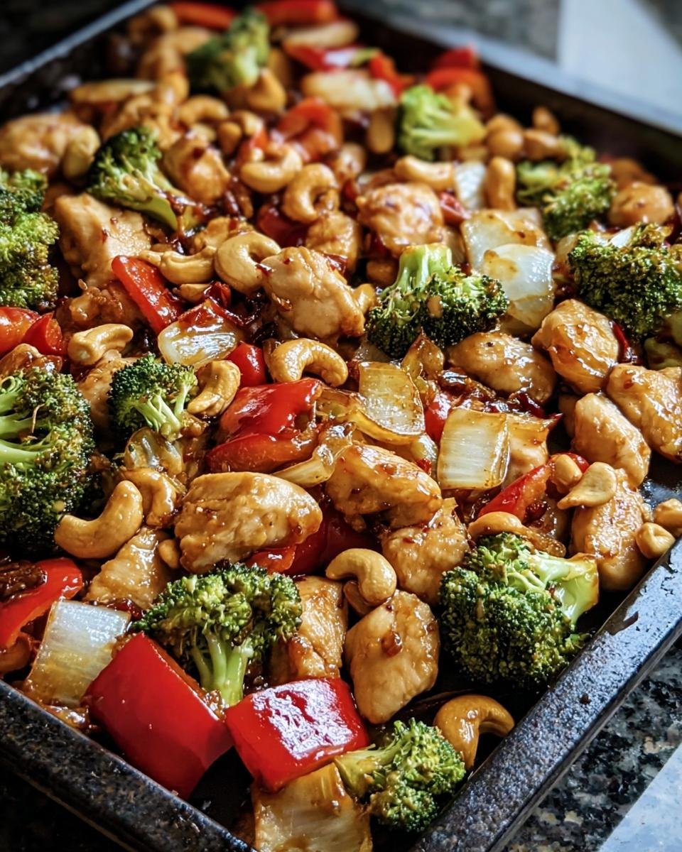 Overhead view of Sheet Pan Cashew Chicken with broccoli, red peppers, and onions on a dark sheet pan.