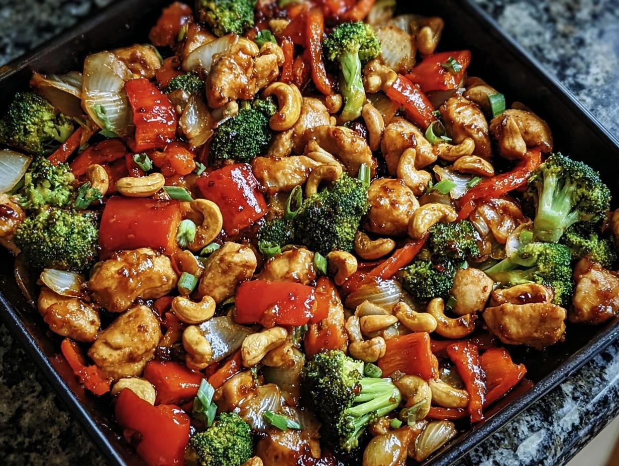 Overhead view of freshly cooked Sheet Pan Cashew Chicken with broccoli, peppers, onions, and cashews.