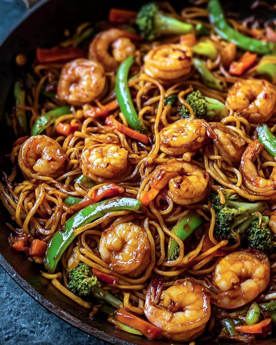 Close-up of Shrimp Stir with Noodles, featuring shrimp, noodles, broccoli, carrots, and snap peas in a savory sauce.