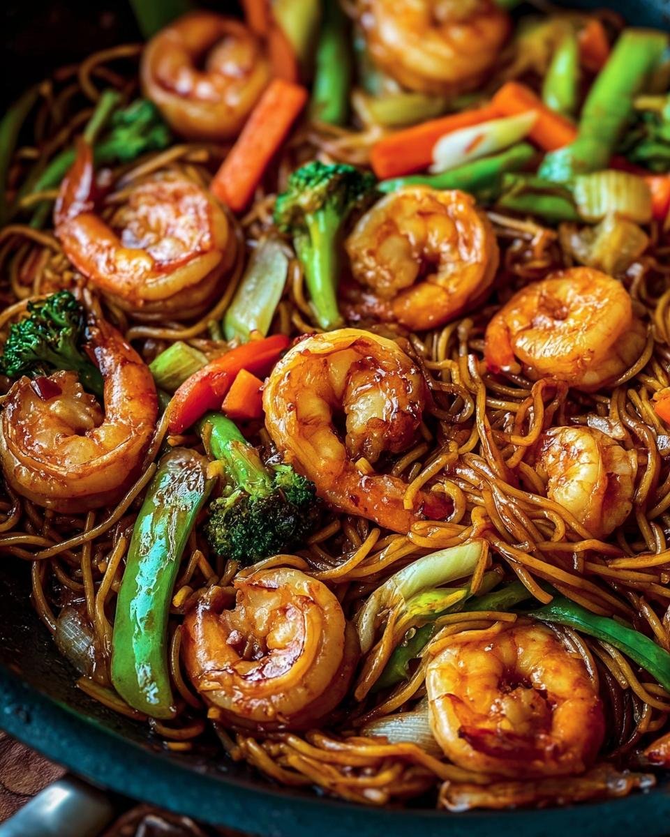 Close-up of Shrimp Stir with Noodles, featuring glazed shrimp, noodles, broccoli, carrots, and green beans.