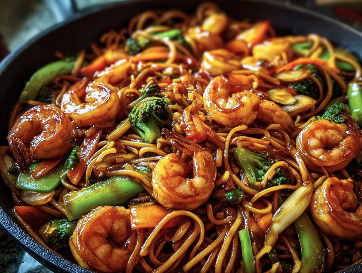 A close-up of Shrimp Stir with Noodles featuring shrimp, noodles, and vegetables in a savory sauce.
