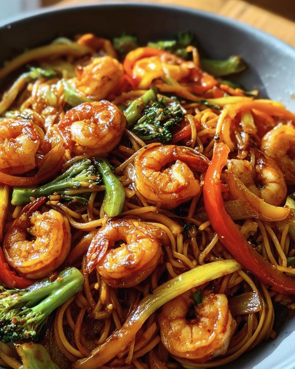 A close-up of a bowl of Shrimp Stir with Noodles, featuring shrimp, noodles, and colorful vegetables.