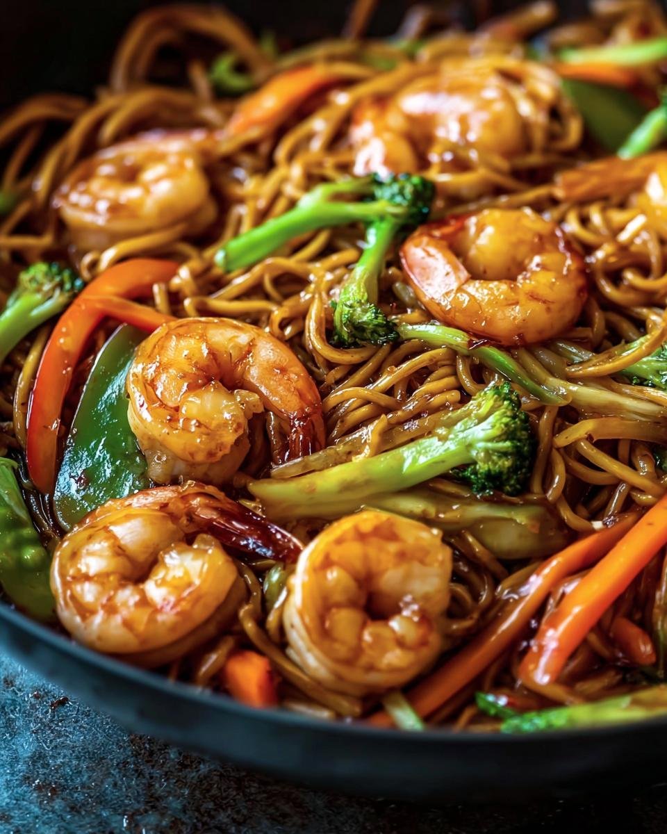 Close-up of Shrimp Stir with Noodles, featuring shrimp, noodles, broccoli, carrots, and peppers.