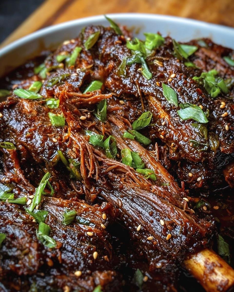 Close-up of tender Slow Roast Asian Beef, garnished with sesame seeds and green onions.