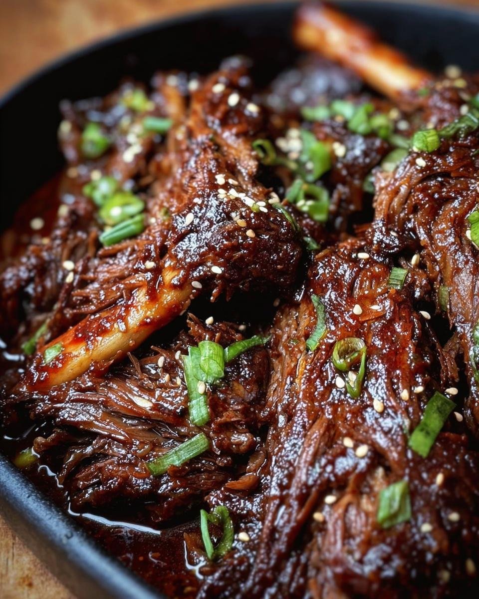 Close-up of Slow Roast Asian Beef, garnished with sesame seeds and green onions.