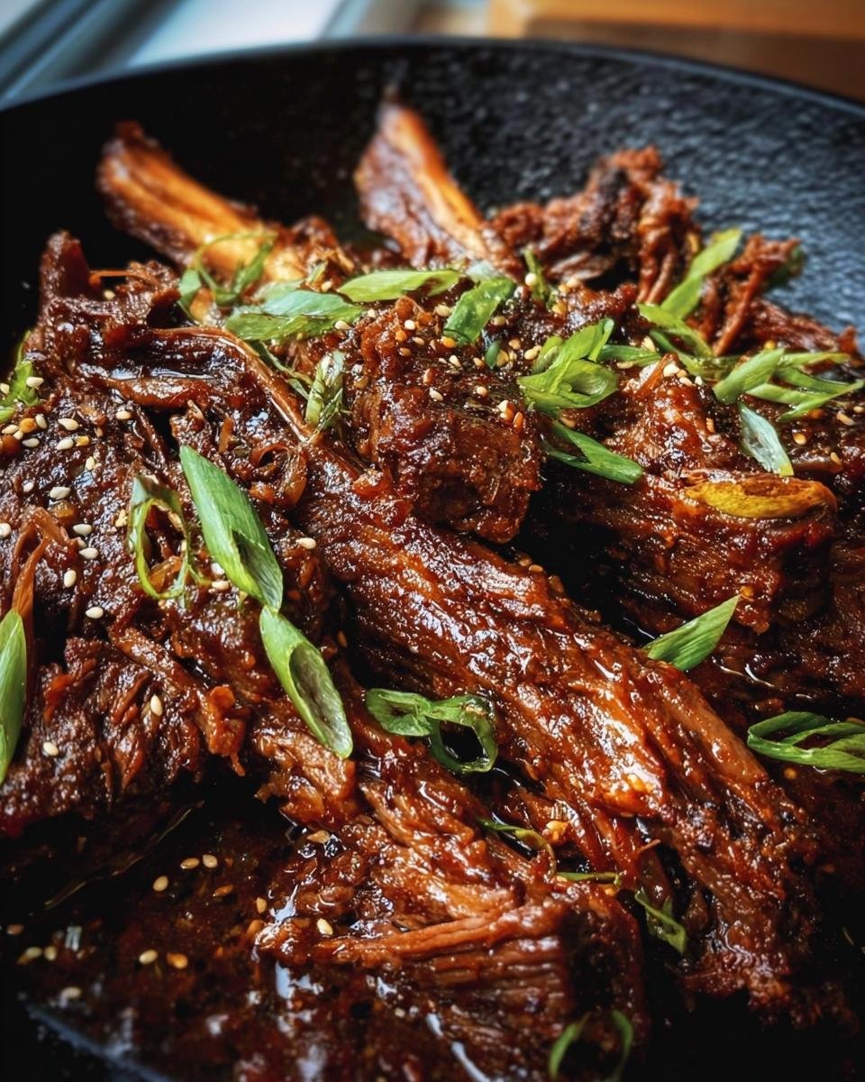 Close-up of Slow Roast Asian Beef, garnished with sesame seeds and green onions, served in a black bowl.