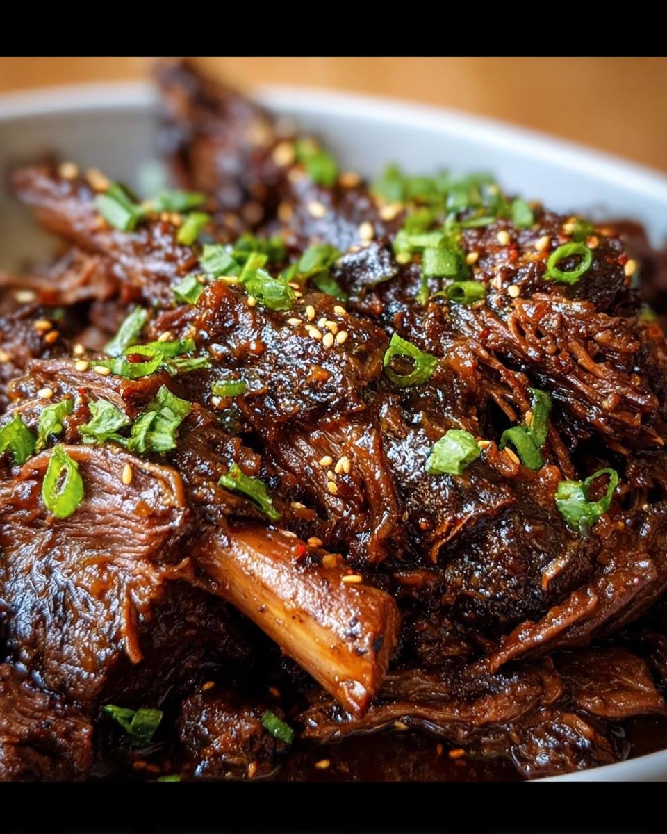 Close-up of Slow Roast Asian Beef, garnished with sesame seeds and green onions.