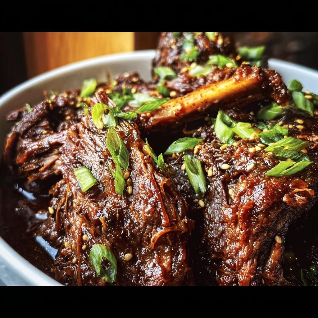 Close-up of Slow Roast Asian Beef, garnished with sesame seeds and green onions in a bowl.