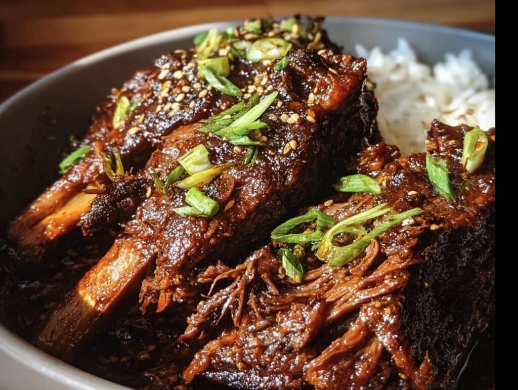 Close-up of Slow Roast Asian Beef served with rice, garnished with sesame seeds and green onions.