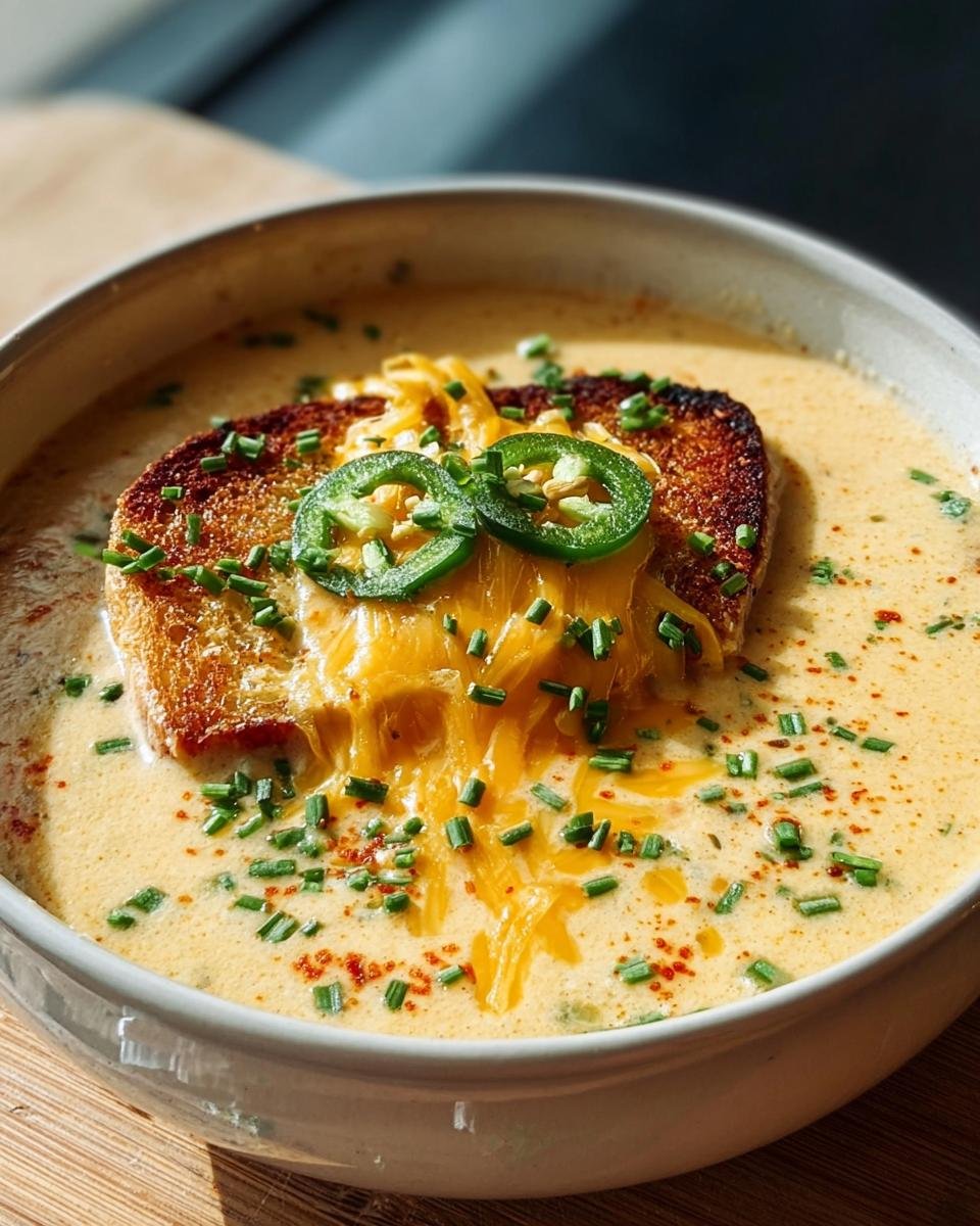 A bowl of creamy Spicy Jalapeño Popper Soup topped with cheesy toast and sliced jalapeños.
