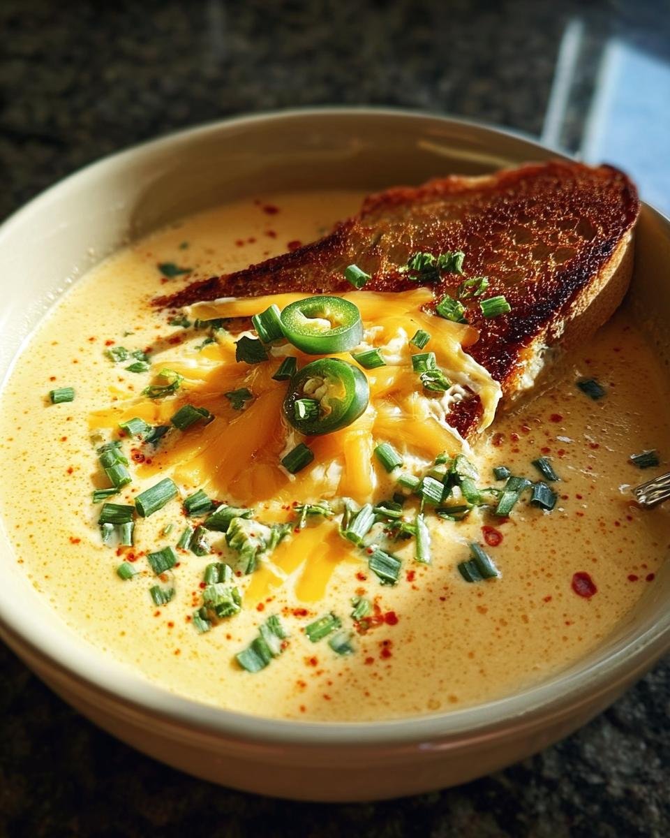 A bowl of creamy Spicy Jalapeño Popper Soup topped with cheese, jalapeños, chives, and a slice of toasted bread.