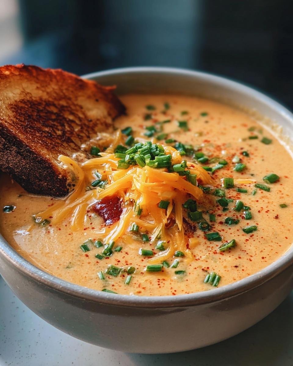 Bowl of Spicy Jalapeño Popper Soup topped with cheese, chives, and a grilled cheese sandwich.