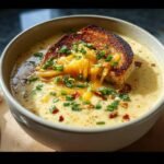 Bowl of Spicy Jalapeño Popper Soup topped with grilled cheese, chives, and bacon bits.